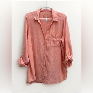 Sigrid Olsen 100% Linen Shirt Peach V-Neck Button Up Coastal Beach Sz XL Casual